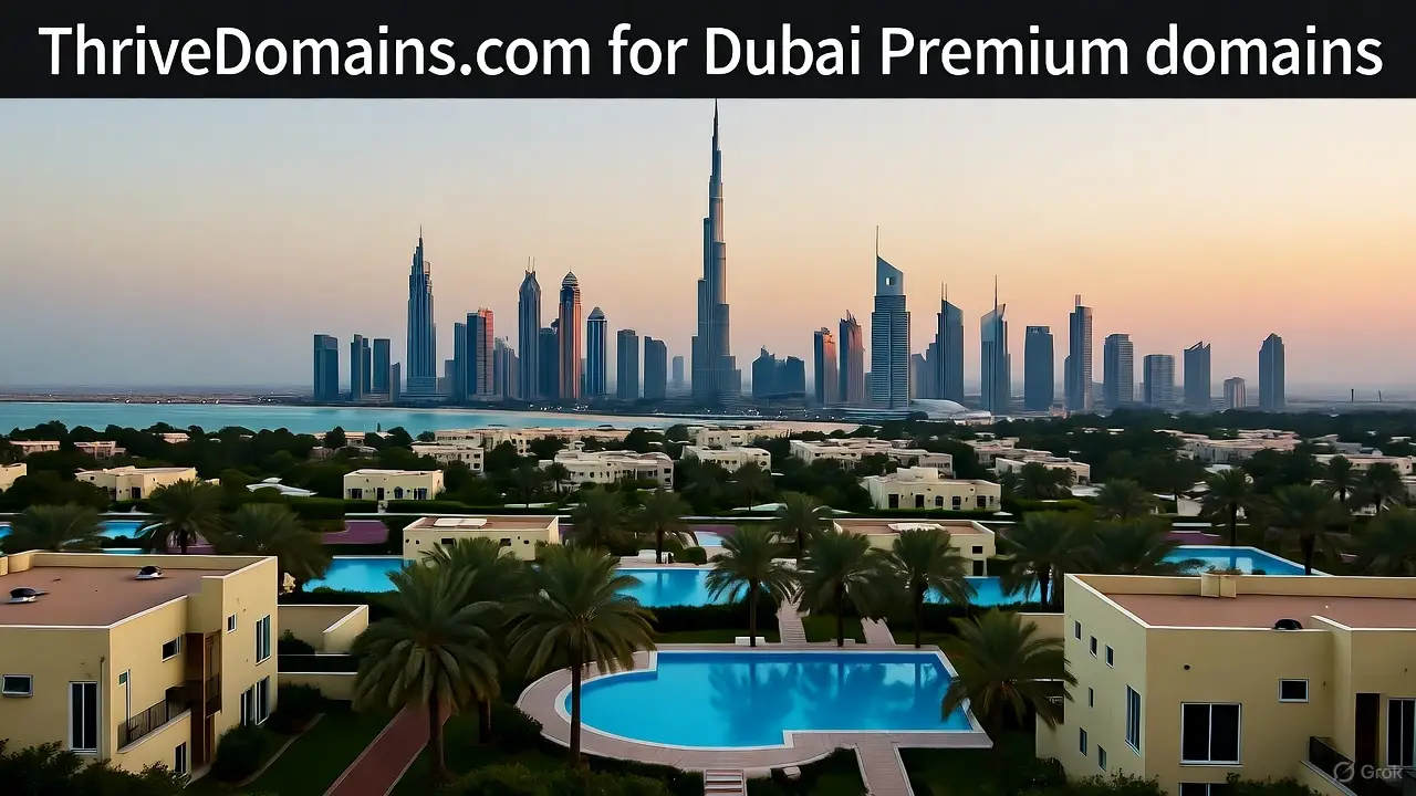 Dubai scenic view with the message dubai domain names for sale